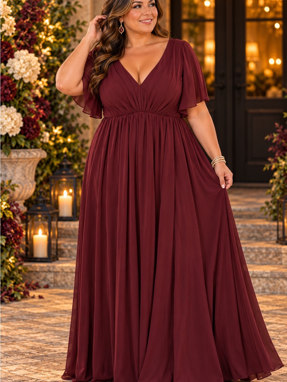 Plus-Size V-Neck Burgundy Chiffon Prom Gown-Corset